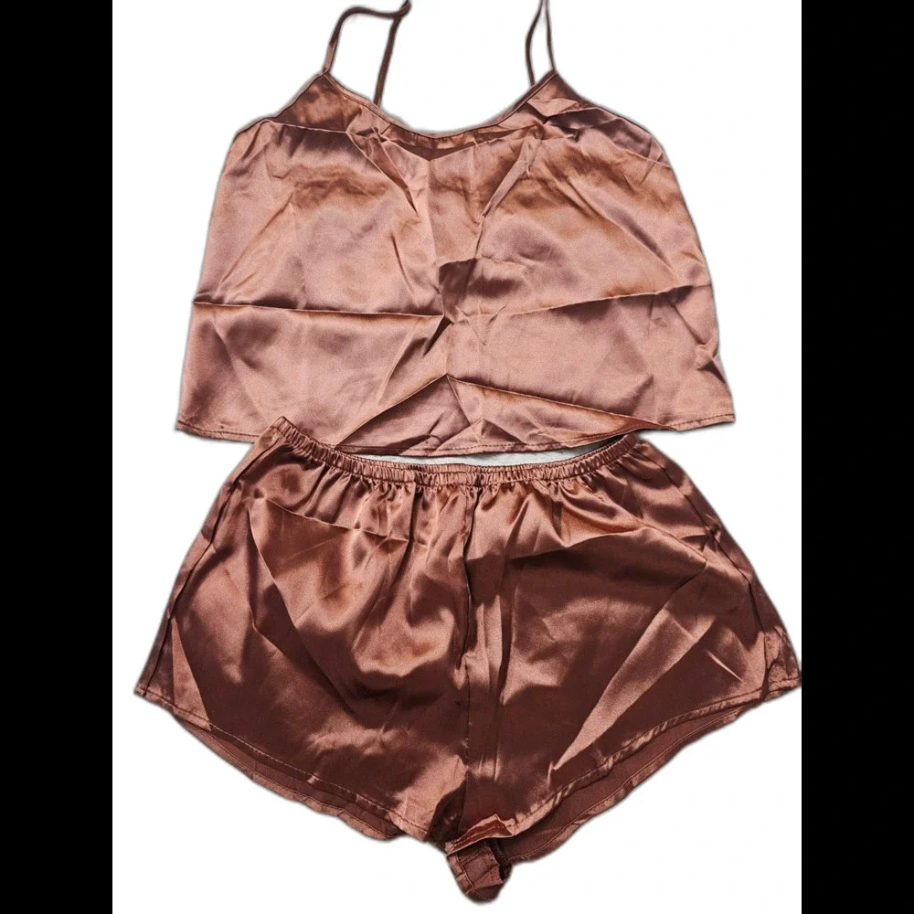 Satin Feel Pjs Pajamas Short and Cami Set Lingerie Camisole Light Brown Medium - Picture 1 of 3